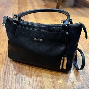 Calvin Klein Pebbled Leather Black Satchel Crossbody Bag Purse Medium Size